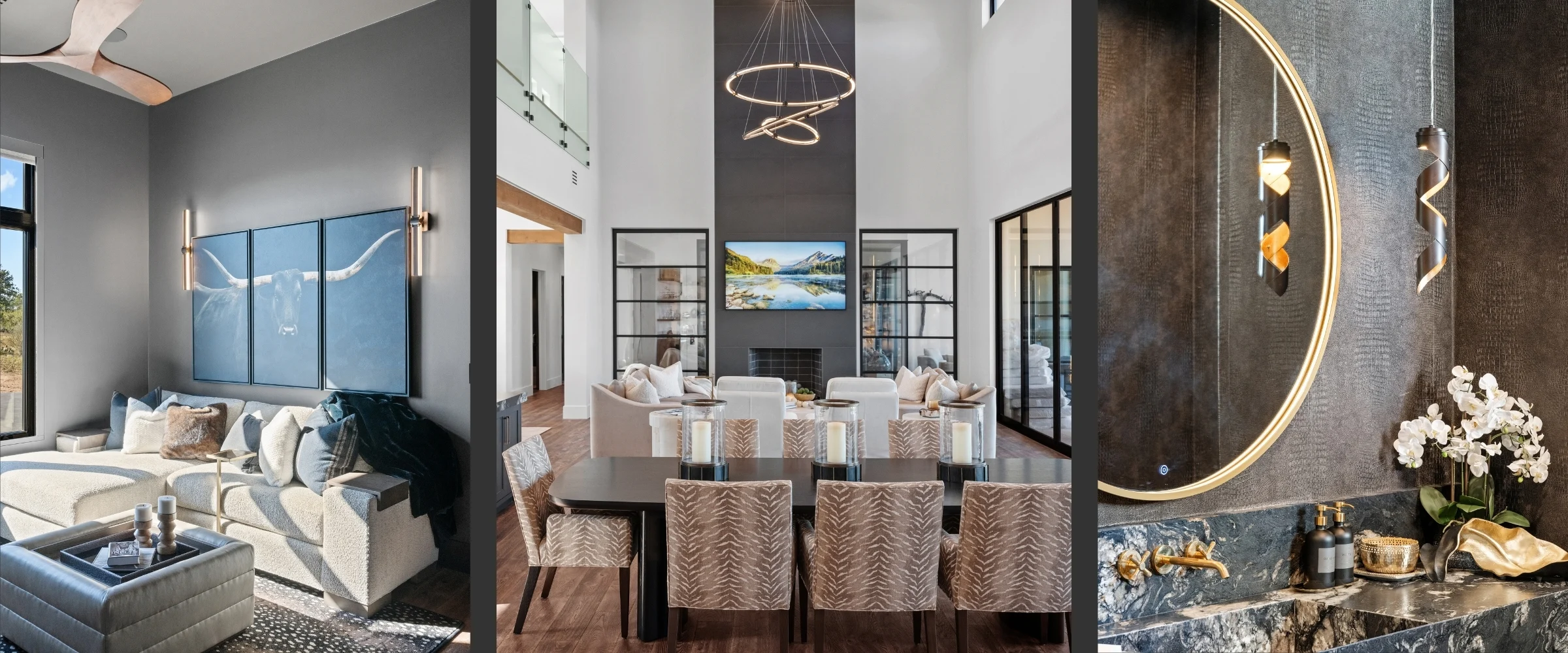 Interiors by the Modern Homestead design team: a living room, a dining room and a powder room